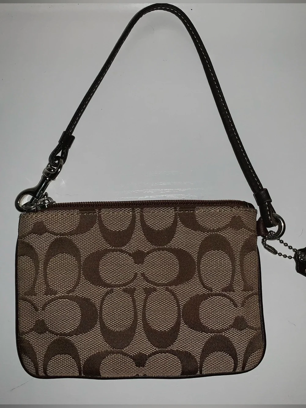 Coach Brown vintage signature Canvas Wristlet with Leather Trim